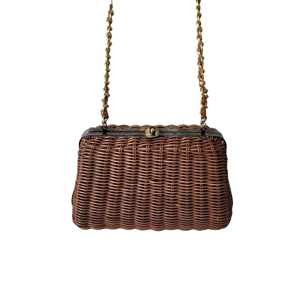 Vintage Tandem Faux Straw Bag Crossbody Purse Chain Strap Brown Gold Retro - Picture 2 of 16